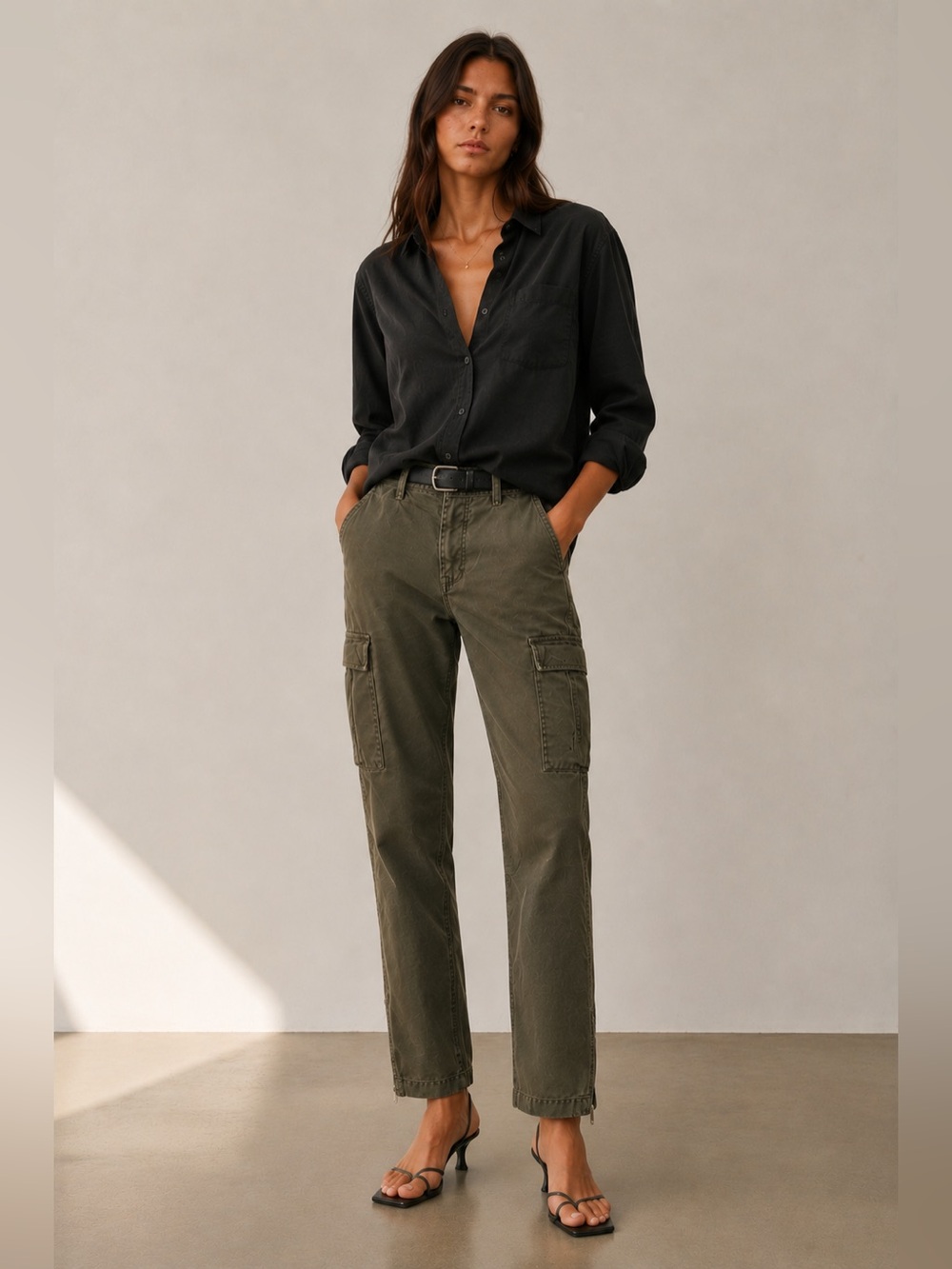New! Nili Lotan Olive Green Straight-Leg Cargo Utility Pants Relaxed Fit💚 size 0